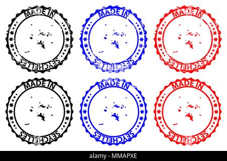 Made in Seychelles - rubber stamp - vector, Seychelles map pattern - black, blue and red Stock Vector