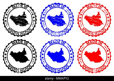Made in South Sudan - rubber stamp - vector, Republic of South Sudan map pattern - black, blue and red Stock Vector