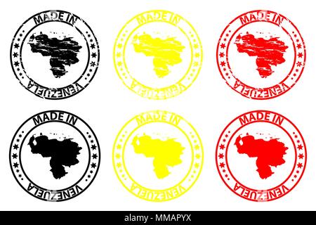 Made in Venezuela - rubber stamp - vector, Venezuela map pattern - black, yellow and red Stock Vector