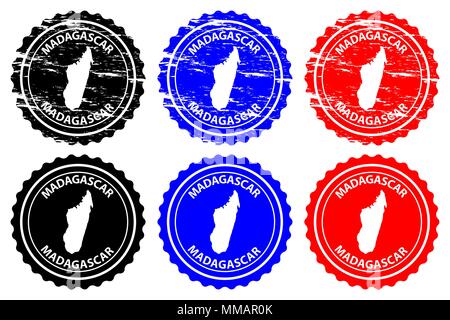 Madagascar - rubber stamp - vector, Madagascar map pattern - sticker - black, blue and red Stock Vector