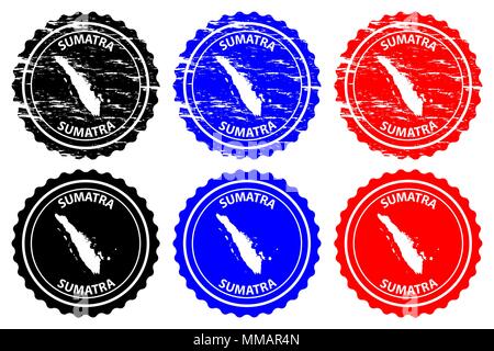 Sumatra - rubber stamp - vector, Sumatra map pattern - sticker - black, blue and red Stock Vector