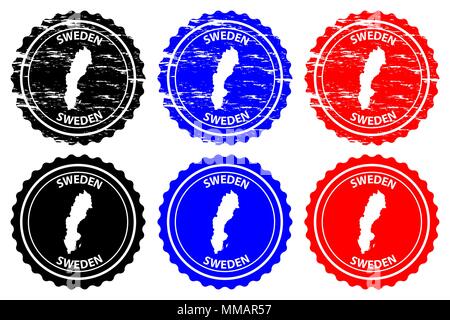 Sweden - rubber stamp - vector,  Kingdom of Sweden map pattern - sticker - black, blue and red Stock Vector