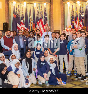 Lansing, Michigan - Muslim students pose for a picture with Democratic State Representative Sam Singh (tallest, back row) in the state capitol rotunda Stock Photo