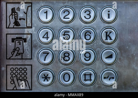 Old telephone booth metal numbers and user manual. Close up, retro and vintage concept Stock Photo