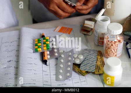 Free health clinic run by the Franciscan Missionaries of Mary. Medical consultation. Medication. Stock Photo