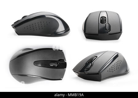 Four black wireless computer mouse views set. Isolated on white, clipping path included Stock Photo