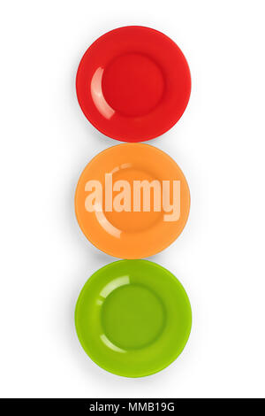 Three colored plates, red, yellow and green, arranged as traffic light. Isolated on white, clipping path included Stock Photo