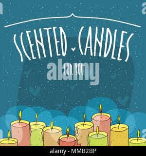 Composition with soft pink, green and yellow burning candles. Isolated blue background. Cartoon hand draw style Stock Vector