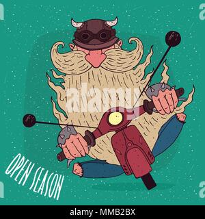 Cute old school biker with big beard and viking hat, riding by red motorcycle or scooter. Wind ruffles his beard. Hand draw style Stock Vector