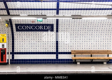 The Paris Metro Concorde station has 49,000 enameled tiles with letters, covering the entire vaulted ceiling and walls of this Line 12 station Stock Photo