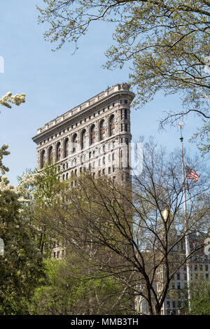 Springtime Blooming Trees in Madison Square Park Enhance the Historic Flatiron Building, New York City, USA Stock Photo