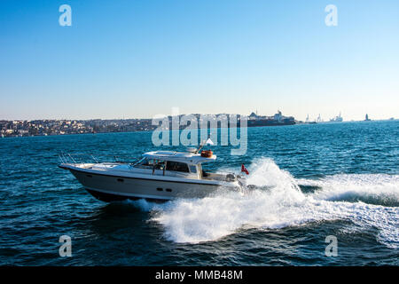 Boat is leaving track on the Marmara sea water in Istanbul Stock Photo