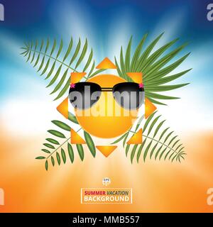 Abstract of summer background with sun bright in center and natural leaves. Illustration vector eps10 Stock Vector