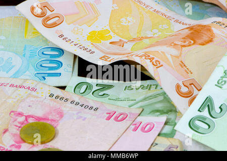 different values of the paper bills and coin of turkish liras Stock Photo