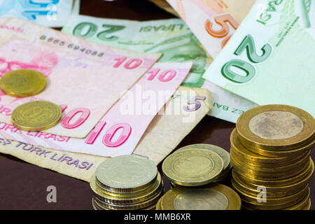 different values of the paper bills and coins of turkish liras Stock Photo