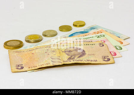 different values of the paper bills and coins of turkish liras Stock Photo