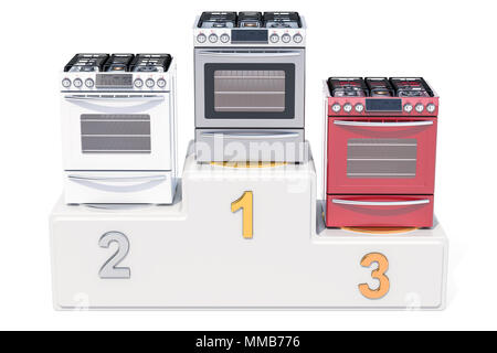 Gas stove ratings concept. Winners podium with gas-stoves, 3D rendering Stock Photo