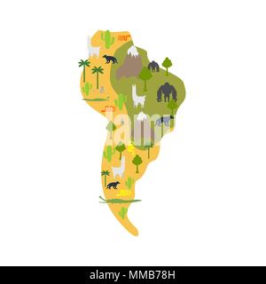 South America flora and fauna. Map Animals and plants on mainland. Vector Stock Vector