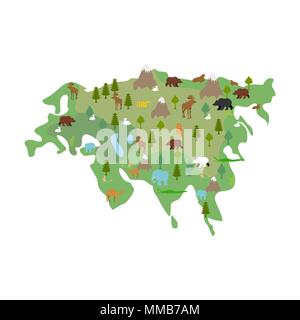 Eurasia continent Map Animal and plants. flora and fauna on mainland. Vector Stock Vector