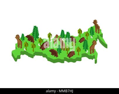 Russia Isometric Map Animal and plants. flora and fauna on mainland. Vector Stock Vector