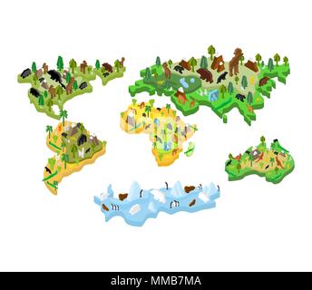 World map animal Isometric style. Earth continent flora and fauna. Vector illustration Stock Vector