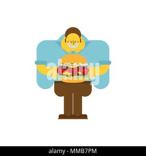 Fat guy and hamburger. obesity man and burger. Vector illustration Stock Vector