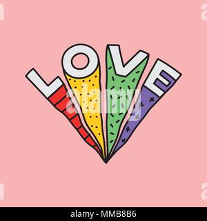 Hand drawn illustration with text, Love. Rainbow colors on pink background. Lovely lettering card for home decor, poster, cover, t-shirt, print, etc. Stock Vector