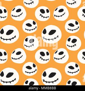Seamless pattern with doll head skull illustration. Big black-eyed toy. Fantastic repeating doodle character texture. Cool creative vector background. Stock Vector