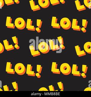 Seamless vector pattern with abbreviation text, "Lol!". Funny background in black, yellow, orange colors. Stock Vector