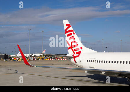 Melbourne, Australia: March 26, 2018: Virgin Australia airplane on the runway at Tullamarine Airport in Melbourne. Stock Photo