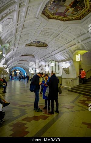 MOSCOW, RUSSIA- APRIL, 29, 2018: Belorusskaya subway station in Moscow, Russia. The station is on the Koltsevaya Line of the Moscow Metro and opened in 1952 Stock Photo