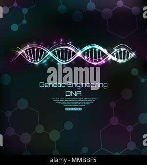 Genetic Engeneering Template, DNA Molecules Spiral, Glowing Banner Stock Vector