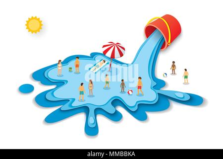 Bucket and water for summer. Vacation concept with people on blue sea background. Design paper art style. Stock Vector