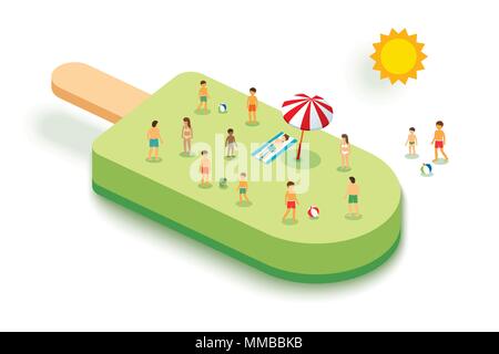 Ice cream for summer. Vacation concept with people on green background. Design paper art style. Stock Vector
