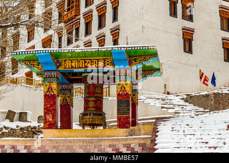 Large Prayer Wheel located in Thiksey Monastery, Ladakh, Jammu and Kashmir, India, Asia. It is believed that spinning these wheels brings good fortune. Stock Photo