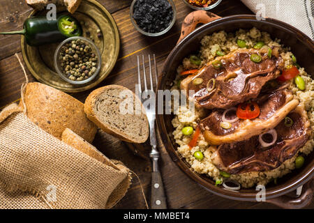 Homemade Lamb Loin Chops with Couscous and Soybean Stock Photo
