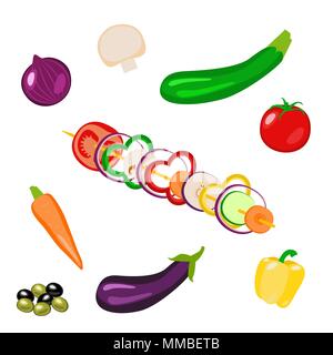 Vegetables picnic in the open air. Top view. Isolated on white items. Wooden skewers. Sliced and whole vegetables - onion, zucchini, tomato, eggplant, Stock Vector