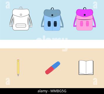 Vector illustration of Back to School supplies. School bags and supplies, learning equipment and different school supplies colorful office accessories. Back to school. Stock Vector