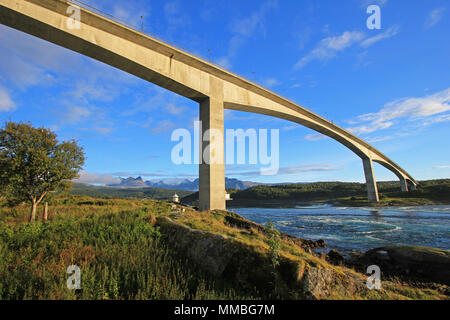 Bridge over the fjord of the whirlpools of the maelstrom of Saltstraumen, Nordland, Norway, Scandinavia Stock Photo