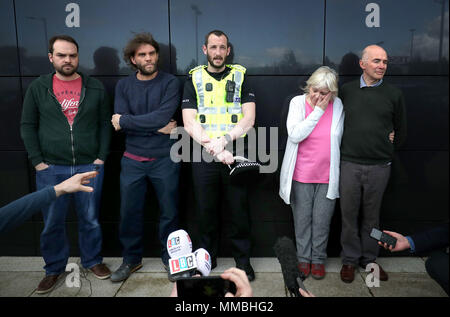 (Left to right) Brothers Neil Hutchison and Grant Hutchison, Chief Inspector Alan Carson, mother Marion Hutchison and father Ron Hutchison during a press conference at the Dakota Hotel in South Queensferry, near Edinburgh, where Police Scotland launched a fresh appeal for information to help trace the lead singer of the indie rock band Frightened Rabbit. Stock Photo