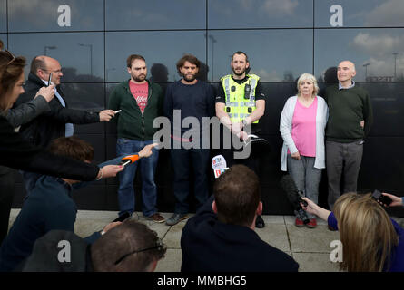 (Left to right) Brothers Neil Hutchison and Grant Hutchison, Chief Inspector Alan Carson, mother Marion Hutchison and father Ron Hutchison during a press conference at the Dakota Hotel in South Queensferry, near Edinburgh, where Police Scotland launched a fresh appeal for information to help trace the lead singer of the indie rock band Frightened Rabbit. Stock Photo