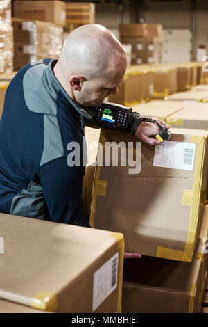 Caucasian male warehouse worker handling using a hand held bar code scanner on products stored in cardboard boxes in a large warehouse distrbution cen Stock Photo