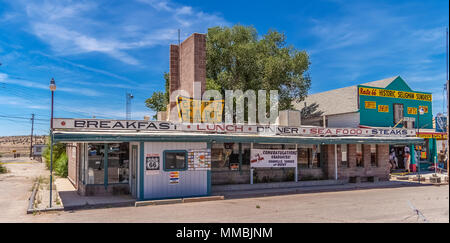 The classic Copper Cart Restaurant front building along the route 66 in Seligman, Arizona. Stock Photo