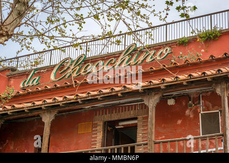 Rome, Italy, march 2017: The sign of the historic Roman cuisine restaurant Checchino active in Rome since 1887 in the popular district of Testaccio Stock Photo