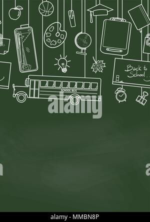 Seamless pattern of school supplies hang from top on green chalkboard. Background design for school and education in vector illustration. Stock Vector