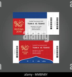 Russia 2018. Football or soccer ticket design template with modern traditional elements. Vector illustration. Stock Vector