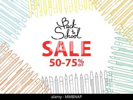Colorful stationery surround space for text, Back to school sale, at the center. Background design for school and stationery sale event in vector illu Stock Vector