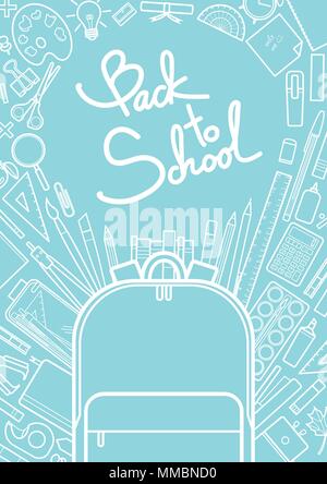 School supplies and school bag in white outline surround text on blue background. Background design for school and education in vector illustration. Stock Vector