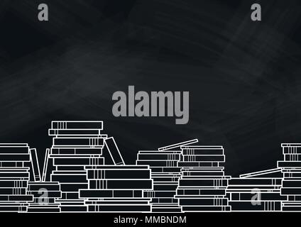 Books and textbooks stack at the bottom of frame on blackborad. Background design for school and education in vector illustration. Stock Vector