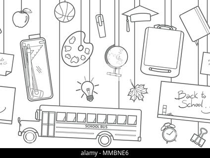 Cute school supplies hang from above in black outline style.Seamless pattern background design for school and education in vector illustration. Stock Vector
